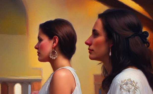 A painting of two brunettes standing and listening to a sermon in a sanctuary