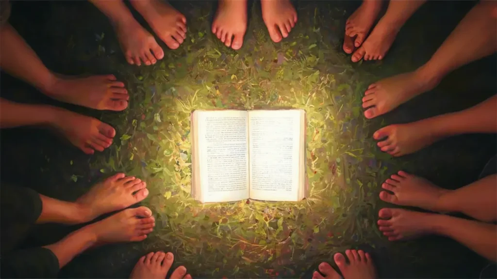 A glowing Bible lies on the grass, surrounded by people's bare feet