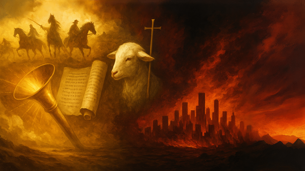 Apocalyptic imagery with a lamb and a cross at the middle